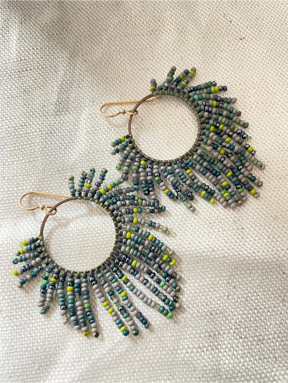Handcrafted Beaded Fringe Hoop Earrings - Green Mix